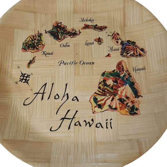 Hawaii Souvenir Shallow Platter Bowl Tray Woven Bamboo of Hawaiian Islands Map - Picture 15 of 15